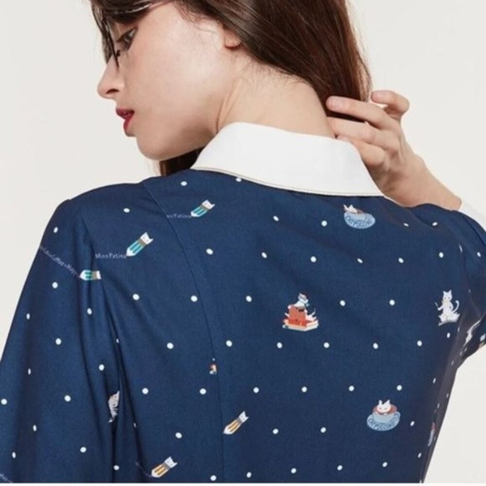 Miss Patina Kiterture Books Cat Kitten Dress in Navy size Small Excellent Condit - Picture 5 of 15